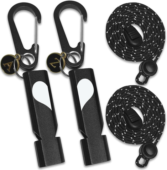 2-Pack Heart-Engraved Aluminum Signal Whistles with Key Rings and Lanyards