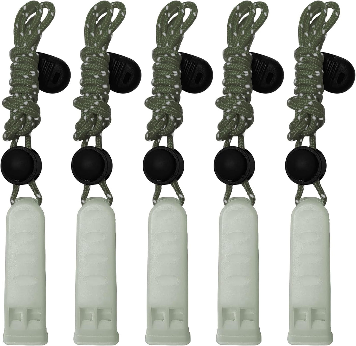 5-Pack Plastic Emergency Signal Whistles with Reflective Lanyards