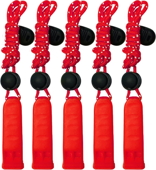 5-Pack Plastic Emergency Signal Whistles with Reflective Lanyards