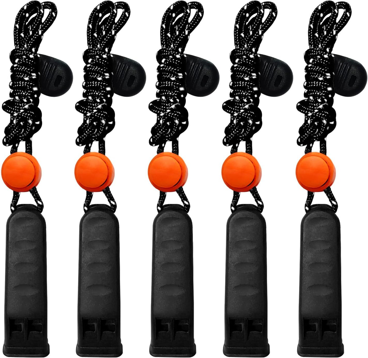 5-Pack Plastic Emergency Signal Whistles with Reflective Lanyards
