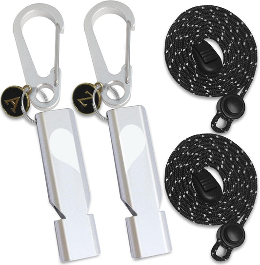 2-Pack Heart-Engraved Aluminum Signal Whistles with Key Rings and Lanyards