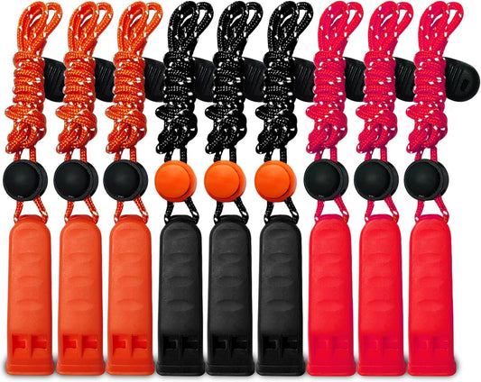 9-Pack Plastic Emergency Signal Whistles with Reflective Lanyards